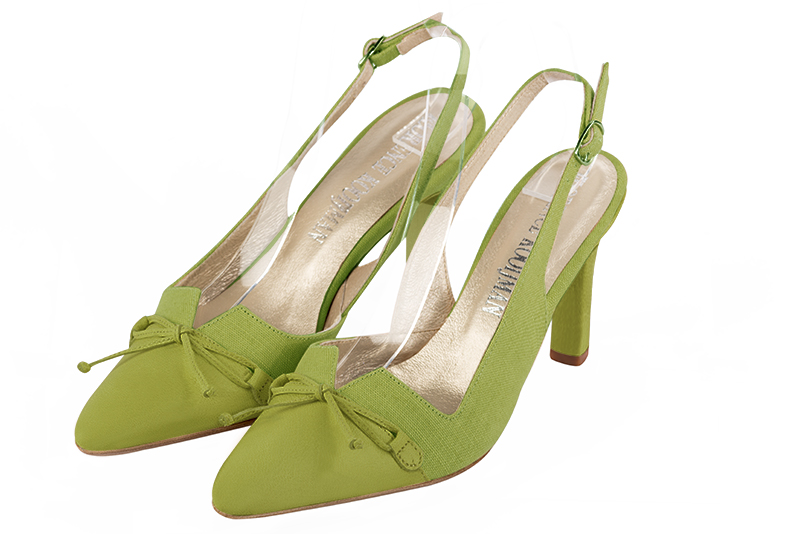 Pistachio green women's open back shoes, with a knot. Tapered toe. High slim heel. Front view - Florence KOOIJMAN